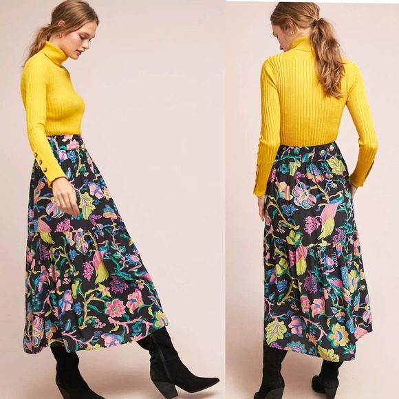 Banjanan Anthropologie Anacortes Floral Silk Maxi Skirt Size Medium - Picture 1 of 9